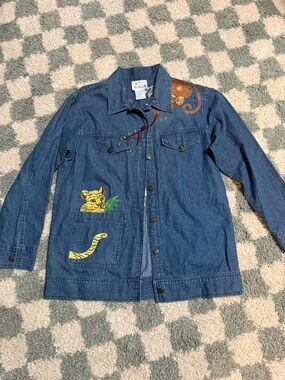 THE QUACKER FACTORY Jungle Animal Zoo Denim Jacket Shacket Shirt Cotton Sz Small